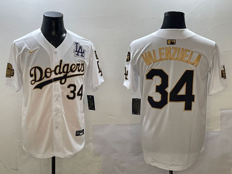 Men Los Angeles Dodgers 34 Valenzuela White gold Fashion 2025 Nike MLB Jersey style 2